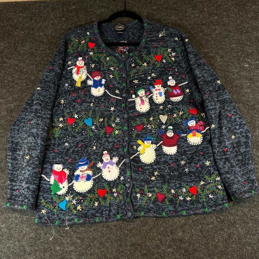 Vintage 90s Designers Studio Originals Snowman Cardigan Womens 1X Plus Navy